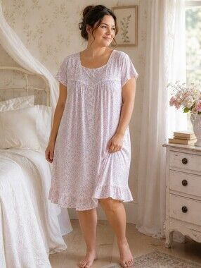 Eileen West Pink Blue Floral Cotton Knit Chemise Nightgown XL